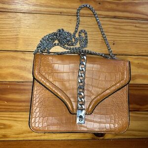 Tan Croc-Embossed Chain Shoulder Bag